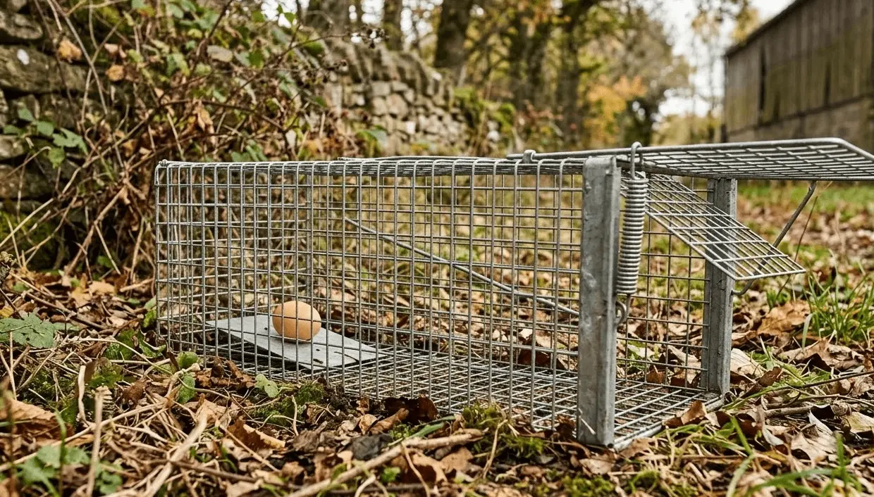 Photo d'un piège à cage vivant pour fouine avec un œuf comme appât